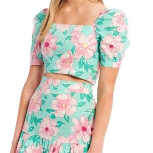 Gianni Bini Floral Cropped Blouse  - Mint Green and Pink
